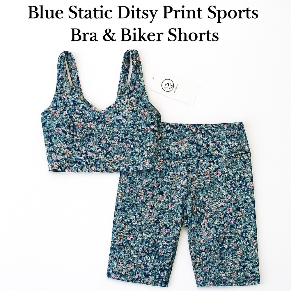 NWT Sage Collective Set Blue Static Ditsy Longline Sports Bra and Biker Shorts